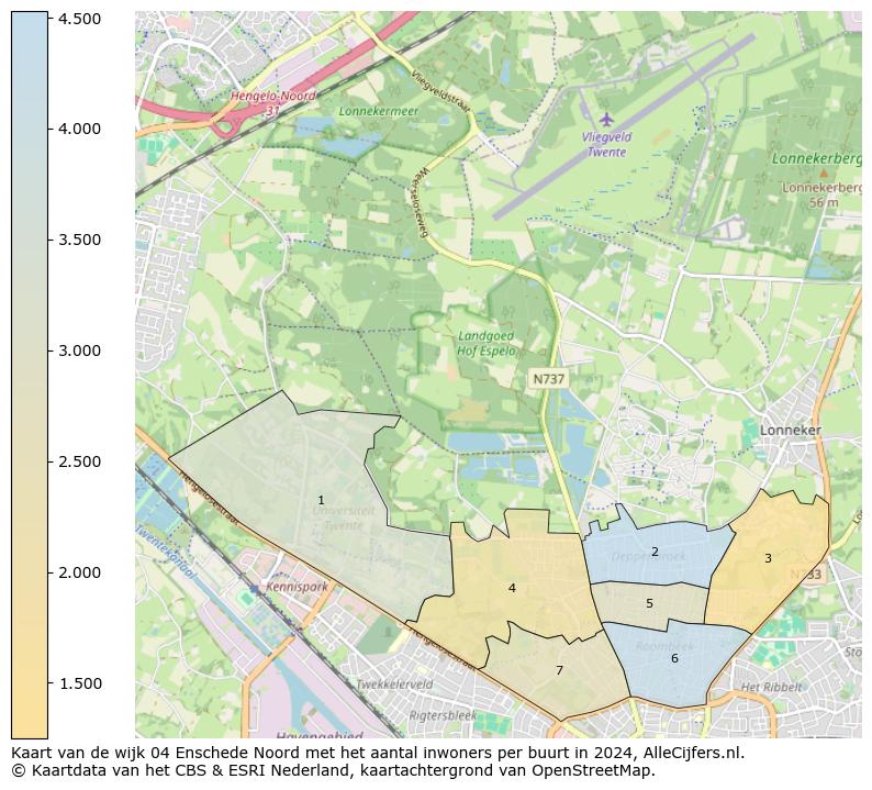 Kaart van de wijk 04 Enschede Noord met het aantal inwoners per buurt in 2024. Op deze pagina vind je veel informatie over inwoners (zoals de verdeling naar leeftijdsgroepen, gezinssamenstelling, geslacht, autochtoon of Nederlands met een immigratie achtergrond,...), woningen (aantallen, types, prijs ontwikkeling, gebruik, type eigendom,...) en méér (autobezit, energieverbruik,...)  op basis van open data van het centraal bureau voor de statistiek en diverse andere bronnen!