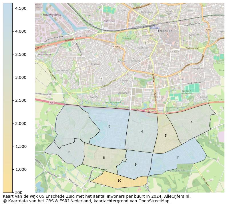 Kaart van de wijk 06 Enschede Zuid met het aantal inwoners per buurt in 2024. Op deze pagina vind je veel informatie over inwoners (zoals de verdeling naar leeftijdsgroepen, gezinssamenstelling, geslacht, autochtoon of Nederlands met een immigratie achtergrond,...), woningen (aantallen, types, prijs ontwikkeling, gebruik, type eigendom,...) en méér (autobezit, energieverbruik,...)  op basis van open data van het centraal bureau voor de statistiek en diverse andere bronnen!