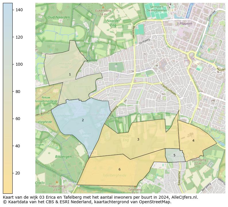 Kaart van de wijk 03 Erica en Tafelberg met het aantal inwoners per buurt in 2024. Op deze pagina vind je veel informatie over inwoners (zoals de verdeling naar leeftijdsgroepen, gezinssamenstelling, geslacht, autochtoon of Nederlands met een immigratie achtergrond,...), woningen (aantallen, types, prijs ontwikkeling, gebruik, type eigendom,...) en méér (autobezit, energieverbruik,...)  op basis van open data van het centraal bureau voor de statistiek en diverse andere bronnen!