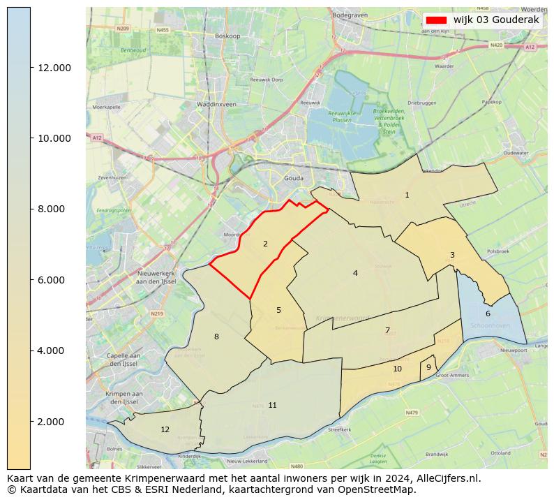 Kaart van de gemeente Krimpenerwaard met het aantal inwoners per wijk in 2024. Op deze pagina vind je veel informatie over inwoners (zoals de verdeling naar leeftijdsgroepen, gezinssamenstelling, geslacht, autochtoon of Nederlands met een immigratie achtergrond,...), woningen (aantallen, types, prijs ontwikkeling, gebruik, type eigendom,...) en méér (autobezit, energieverbruik,...)  op basis van open data van het centraal bureau voor de statistiek en diverse andere bronnen!