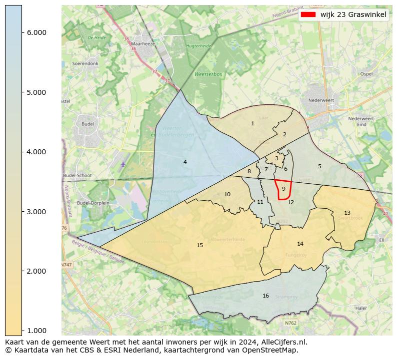 Kaart van de gemeente Weert met het aantal inwoners per wijk in 2024. Op deze pagina vind je veel informatie over inwoners (zoals de verdeling naar leeftijdsgroepen, gezinssamenstelling, geslacht, autochtoon of Nederlands met een immigratie achtergrond,...), woningen (aantallen, types, prijs ontwikkeling, gebruik, type eigendom,...) en méér (autobezit, energieverbruik,...)  op basis van open data van het centraal bureau voor de statistiek en diverse andere bronnen!