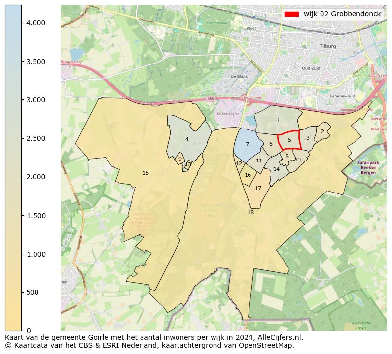 Kaart van de gemeente Goirle met het aantal inwoners per wijk in 2024. Op deze pagina vind je veel informatie over inwoners (zoals de verdeling naar leeftijdsgroepen, gezinssamenstelling, geslacht, autochtoon of Nederlands met een immigratie achtergrond,...), woningen (aantallen, types, prijs ontwikkeling, gebruik, type eigendom,...) en méér (autobezit, energieverbruik,...)  op basis van open data van het centraal bureau voor de statistiek en diverse andere bronnen!