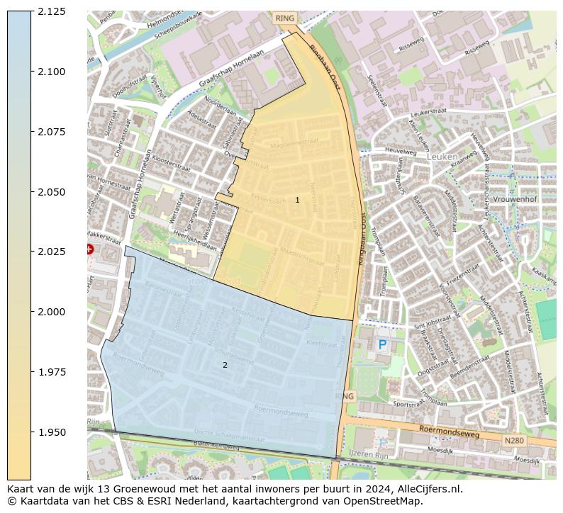 Kaart van de wijk 13 Groenewoud met het aantal inwoners per buurt in 2024. Op deze pagina vind je veel informatie over inwoners (zoals de verdeling naar leeftijdsgroepen, gezinssamenstelling, geslacht, autochtoon of Nederlands met een immigratie achtergrond,...), woningen (aantallen, types, prijs ontwikkeling, gebruik, type eigendom,...) en méér (autobezit, energieverbruik,...)  op basis van open data van het centraal bureau voor de statistiek en diverse andere bronnen!