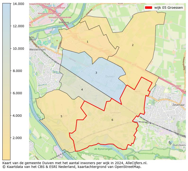 Kaart van de gemeente Duiven met het aantal inwoners per wijk in 2024. Op deze pagina vind je veel informatie over inwoners (zoals de verdeling naar leeftijdsgroepen, gezinssamenstelling, geslacht, autochtoon of Nederlands met een immigratie achtergrond,...), woningen (aantallen, types, prijs ontwikkeling, gebruik, type eigendom,...) en méér (autobezit, energieverbruik,...)  op basis van open data van het centraal bureau voor de statistiek en diverse andere bronnen!