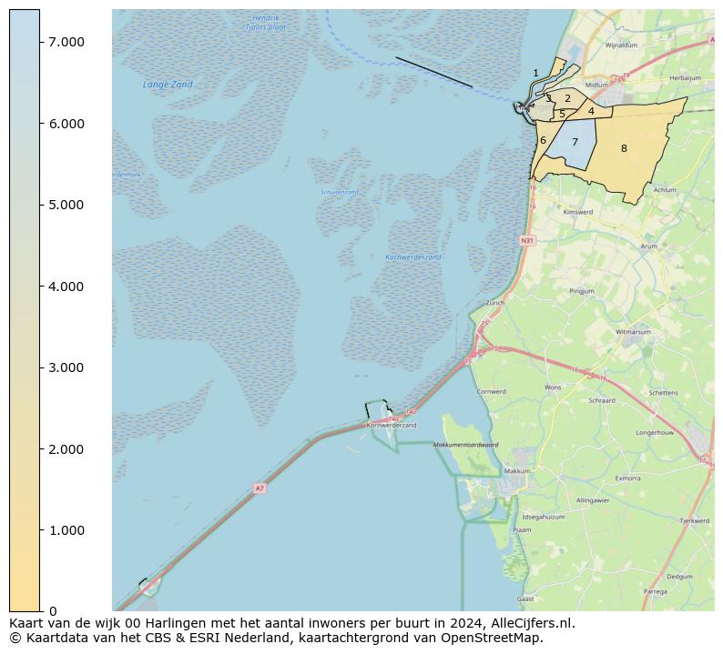 Kaart van de wijk 00 Harlingen met het aantal inwoners per buurt in 2024. Op deze pagina vind je veel informatie over inwoners (zoals de verdeling naar leeftijdsgroepen, gezinssamenstelling, geslacht, autochtoon of Nederlands met een immigratie achtergrond,...), woningen (aantallen, types, prijs ontwikkeling, gebruik, type eigendom,...) en méér (autobezit, energieverbruik,...)  op basis van open data van het centraal bureau voor de statistiek en diverse andere bronnen!