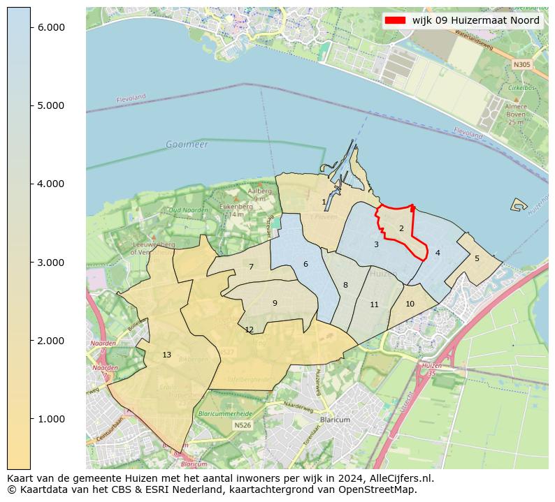 Kaart van de gemeente Huizen met het aantal inwoners per wijk in 2024. Op deze pagina vind je veel informatie over inwoners (zoals de verdeling naar leeftijdsgroepen, gezinssamenstelling, geslacht, autochtoon of Nederlands met een immigratie achtergrond,...), woningen (aantallen, types, prijs ontwikkeling, gebruik, type eigendom,...) en méér (autobezit, energieverbruik,...)  op basis van open data van het Centraal Bureau voor de Statistiek en diverse andere bronnen!