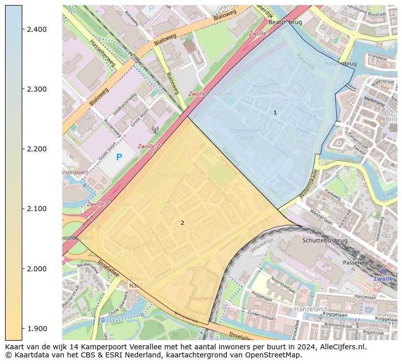 Kaart van de wijk 14 Kamperpoort Veerallee met het aantal inwoners per buurt in 2024. Op deze pagina vind je veel informatie over inwoners (zoals de verdeling naar leeftijdsgroepen, gezinssamenstelling, geslacht, autochtoon of Nederlands met een immigratie achtergrond,...), woningen (aantallen, types, prijs ontwikkeling, gebruik, type eigendom,...) en méér (autobezit, energieverbruik,...)  op basis van open data van het Centraal Bureau voor de Statistiek en diverse andere bronnen!