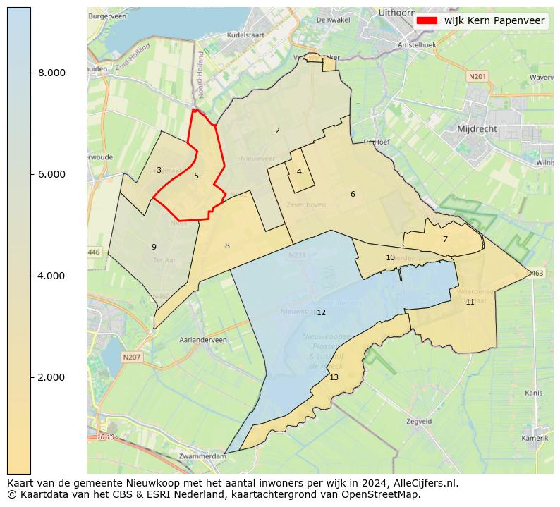 Kaart van de gemeente Nieuwkoop met het aantal inwoners per wijk in 2024. Op deze pagina vind je veel informatie over inwoners (zoals de verdeling naar leeftijdsgroepen, gezinssamenstelling, geslacht, autochtoon of Nederlands met een immigratie achtergrond,...), woningen (aantallen, types, prijs ontwikkeling, gebruik, type eigendom,...) en méér (autobezit, energieverbruik,...)  op basis van open data van het centraal bureau voor de statistiek en diverse andere bronnen!