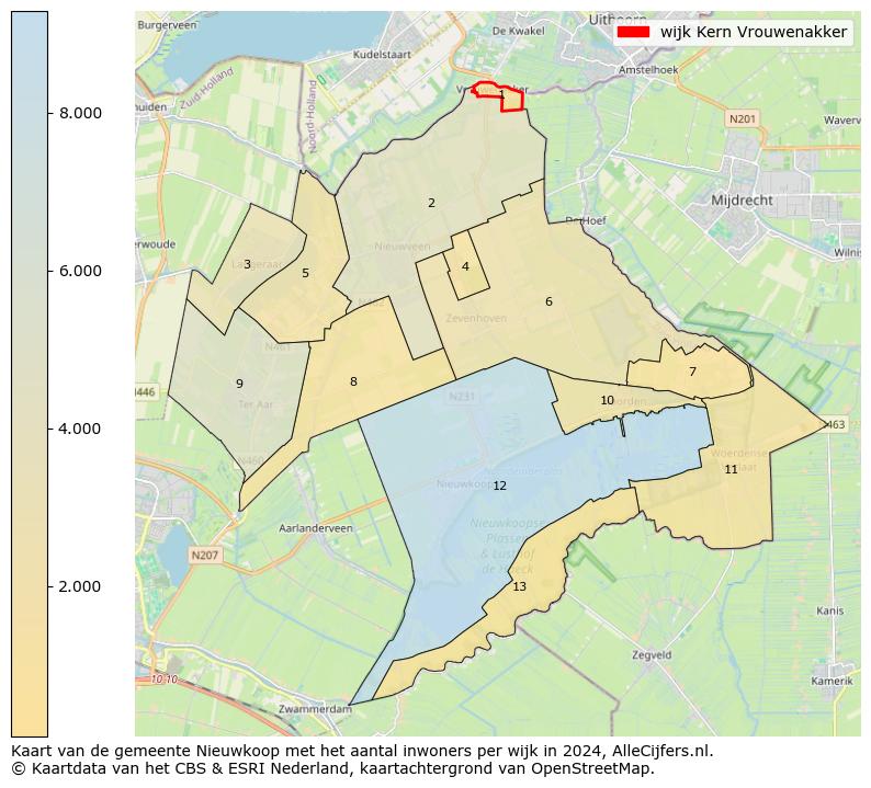 Kaart van de gemeente Nieuwkoop met het aantal inwoners per wijk in 2024. Op deze pagina vind je veel informatie over inwoners (zoals de verdeling naar leeftijdsgroepen, gezinssamenstelling, geslacht, autochtoon of Nederlands met een immigratie achtergrond,...), woningen (aantallen, types, prijs ontwikkeling, gebruik, type eigendom,...) en méér (autobezit, energieverbruik,...)  op basis van open data van het centraal bureau voor de statistiek en diverse andere bronnen!