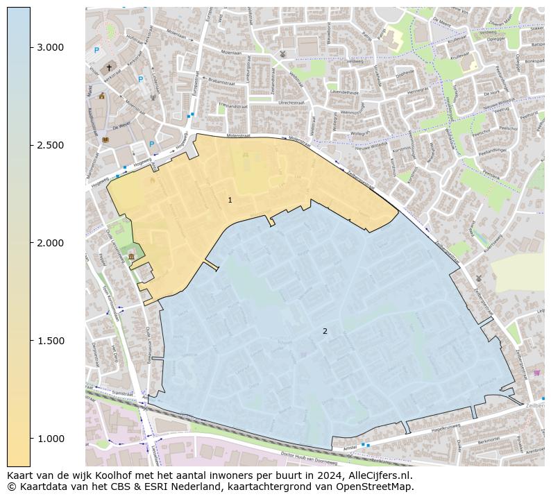 Kaart van de wijk Koolhof met het aantal inwoners per buurt in 2024. Op deze pagina vind je veel informatie over inwoners (zoals de verdeling naar leeftijdsgroepen, gezinssamenstelling, geslacht, autochtoon of Nederlands met een immigratie achtergrond,...), woningen (aantallen, types, prijs ontwikkeling, gebruik, type eigendom,...) en méér (autobezit, energieverbruik,...)  op basis van open data van het centraal bureau voor de statistiek en diverse andere bronnen!