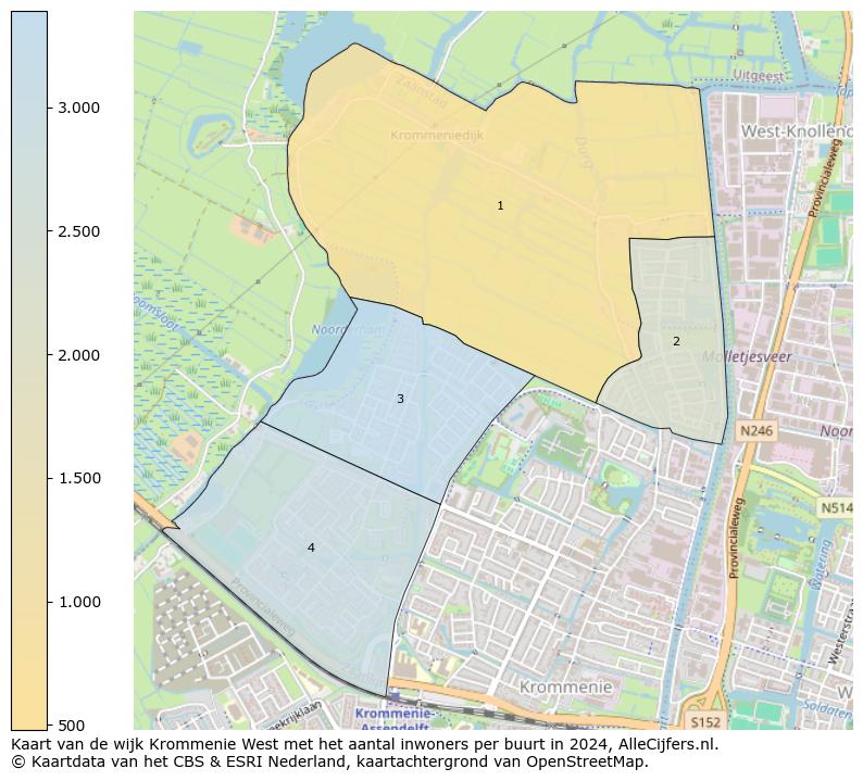 Kaart van de wijk Krommenie West met het aantal inwoners per buurt in 2024. Op deze pagina vind je veel informatie over inwoners (zoals de verdeling naar leeftijdsgroepen, gezinssamenstelling, geslacht, autochtoon of Nederlands met een immigratie achtergrond,...), woningen (aantallen, types, prijs ontwikkeling, gebruik, type eigendom,...) en méér (autobezit, energieverbruik,...)  op basis van open data van het centraal bureau voor de statistiek en diverse andere bronnen!