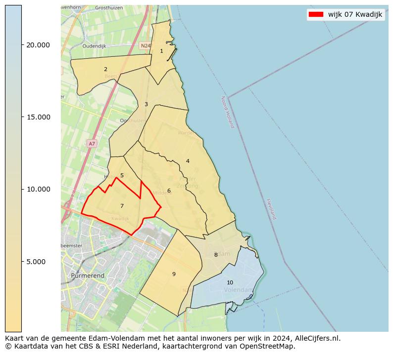 Kaart van de gemeente Edam-Volendam met het aantal inwoners per wijk in 2024. Op deze pagina vind je veel informatie over inwoners (zoals de verdeling naar leeftijdsgroepen, gezinssamenstelling, geslacht, autochtoon of Nederlands met een immigratie achtergrond,...), woningen (aantallen, types, prijs ontwikkeling, gebruik, type eigendom,...) en méér (autobezit, energieverbruik,...)  op basis van open data van het centraal bureau voor de statistiek en diverse andere bronnen!