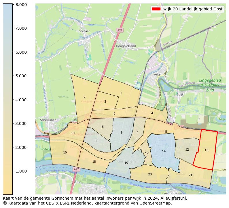 Kaart van de gemeente Gorinchem met het aantal inwoners per wijk in 2024. Op deze pagina vind je veel informatie over inwoners (zoals de verdeling naar leeftijdsgroepen, gezinssamenstelling, geslacht, autochtoon of Nederlands met een immigratie achtergrond,...), woningen (aantallen, types, prijs ontwikkeling, gebruik, type eigendom,...) en méér (autobezit, energieverbruik,...)  op basis van open data van het centraal bureau voor de statistiek en diverse andere bronnen!