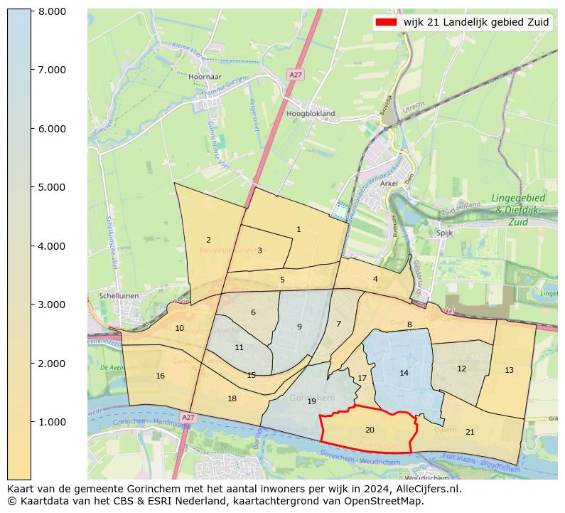 Kaart van de gemeente Gorinchem met het aantal inwoners per wijk in 2024. Op deze pagina vind je veel informatie over inwoners (zoals de verdeling naar leeftijdsgroepen, gezinssamenstelling, geslacht, autochtoon of Nederlands met een immigratie achtergrond,...), woningen (aantallen, types, prijs ontwikkeling, gebruik, type eigendom,...) en méér (autobezit, energieverbruik,...)  op basis van open data van het Centraal Bureau voor de Statistiek en diverse andere bronnen!