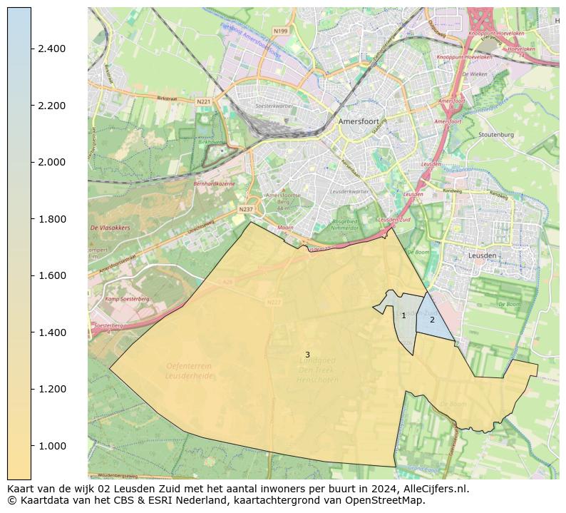 Kaart van de wijk 02 Leusden Zuid met het aantal inwoners per buurt in 2024. Op deze pagina vind je veel informatie over inwoners (zoals de verdeling naar leeftijdsgroepen, gezinssamenstelling, geslacht, autochtoon of Nederlands met een immigratie achtergrond,...), woningen (aantallen, types, prijs ontwikkeling, gebruik, type eigendom,...) en méér (autobezit, energieverbruik,...)  op basis van open data van het centraal bureau voor de statistiek en diverse andere bronnen!