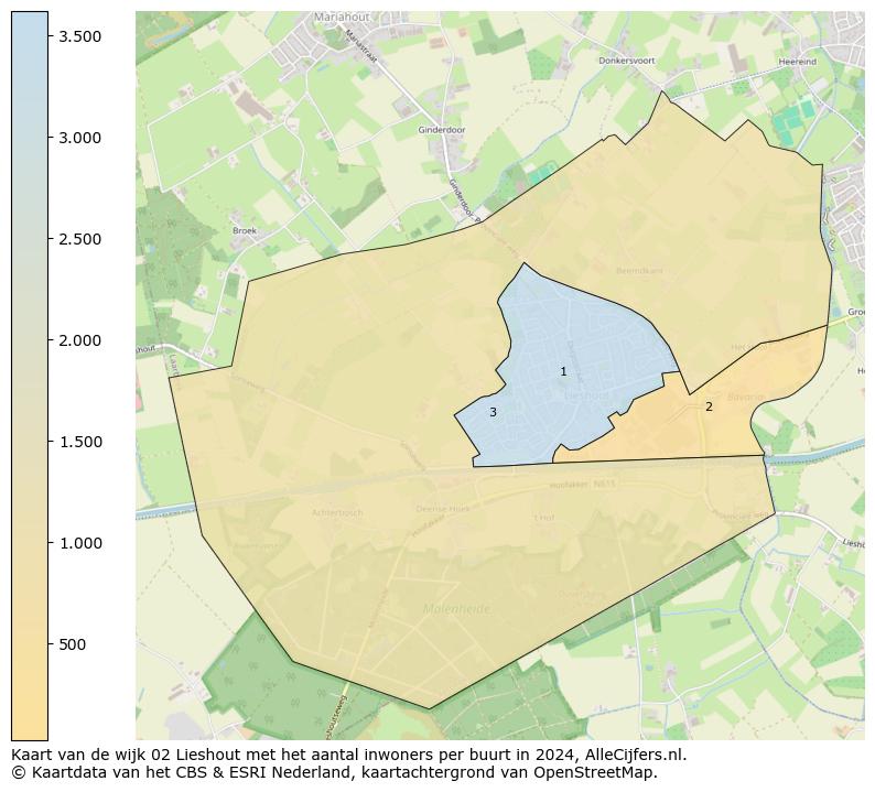 Kaart van de wijk 02 Lieshout met het aantal inwoners per buurt in 2024. Op deze pagina vind je veel informatie over inwoners (zoals de verdeling naar leeftijdsgroepen, gezinssamenstelling, geslacht, autochtoon of Nederlands met een immigratie achtergrond,...), woningen (aantallen, types, prijs ontwikkeling, gebruik, type eigendom,...) en méér (autobezit, energieverbruik,...)  op basis van open data van het centraal bureau voor de statistiek en diverse andere bronnen!