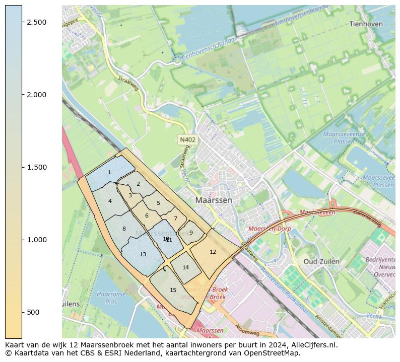 Kaart van de wijk 12 Maarssenbroek met het aantal inwoners per buurt in 2024. Op deze pagina vind je veel informatie over inwoners (zoals de verdeling naar leeftijdsgroepen, gezinssamenstelling, geslacht, autochtoon of Nederlands met een immigratie achtergrond,...), woningen (aantallen, types, prijs ontwikkeling, gebruik, type eigendom,...) en méér (autobezit, energieverbruik,...)  op basis van open data van het centraal bureau voor de statistiek en diverse andere bronnen!