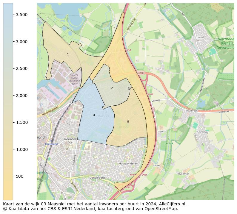 Kaart van de wijk 03 Maasniel met het aantal inwoners per buurt in 2024. Op deze pagina vind je veel informatie over inwoners (zoals de verdeling naar leeftijdsgroepen, gezinssamenstelling, geslacht, autochtoon of Nederlands met een immigratie achtergrond,...), woningen (aantallen, types, prijs ontwikkeling, gebruik, type eigendom,...) en méér (autobezit, energieverbruik,...)  op basis van open data van het centraal bureau voor de statistiek en diverse andere bronnen!