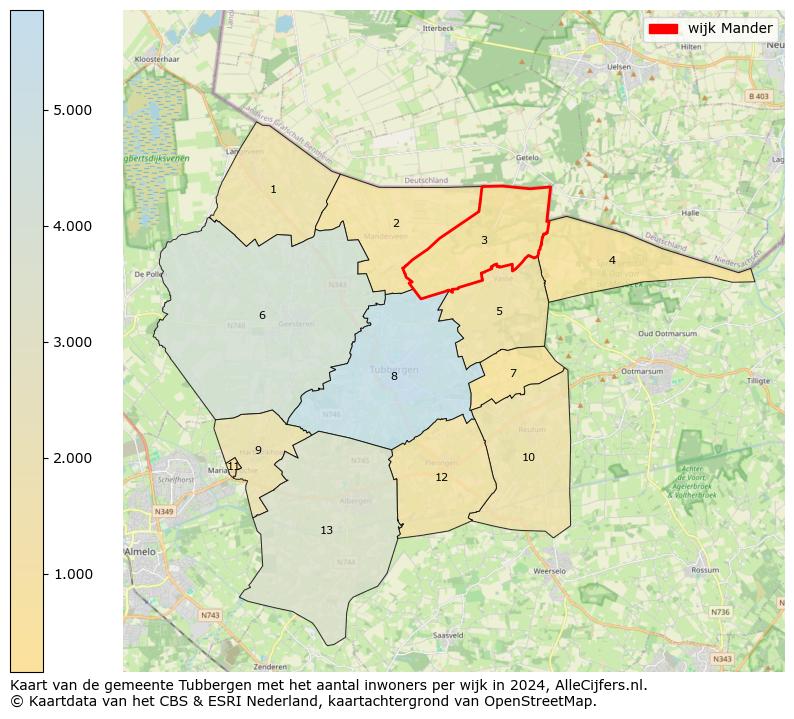 Kaart van de gemeente Tubbergen met het aantal inwoners per wijk in 2024. Op deze pagina vind je veel informatie over inwoners (zoals de verdeling naar leeftijdsgroepen, gezinssamenstelling, geslacht, autochtoon of Nederlands met een immigratie achtergrond,...), woningen (aantallen, types, prijs ontwikkeling, gebruik, type eigendom,...) en méér (autobezit, energieverbruik,...)  op basis van open data van het centraal bureau voor de statistiek en diverse andere bronnen!