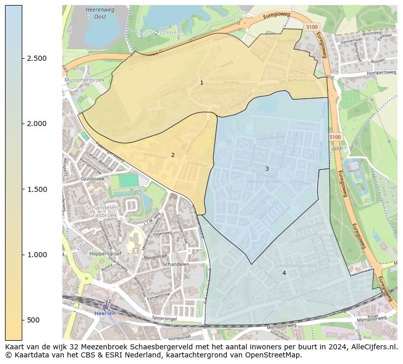 Kaart van de wijk 32 Meezenbroek Schaesbergerveld met het aantal inwoners per buurt in 2024. Op deze pagina vind je veel informatie over inwoners (zoals de verdeling naar leeftijdsgroepen, gezinssamenstelling, geslacht, autochtoon of Nederlands met een immigratie achtergrond,...), woningen (aantallen, types, prijs ontwikkeling, gebruik, type eigendom,...) en méér (autobezit, energieverbruik,...)  op basis van open data van het centraal bureau voor de statistiek en diverse andere bronnen!