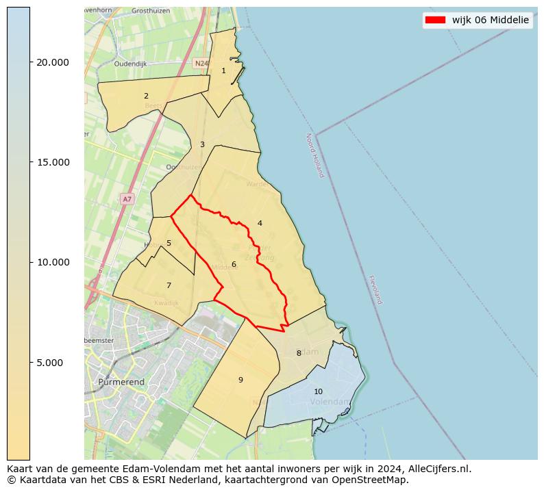 Kaart van de gemeente Edam-Volendam met het aantal inwoners per wijk in 2024. Op deze pagina vind je veel informatie over inwoners (zoals de verdeling naar leeftijdsgroepen, gezinssamenstelling, geslacht, autochtoon of Nederlands met een immigratie achtergrond,...), woningen (aantallen, types, prijs ontwikkeling, gebruik, type eigendom,...) en méér (autobezit, energieverbruik,...)  op basis van open data van het centraal bureau voor de statistiek en diverse andere bronnen!