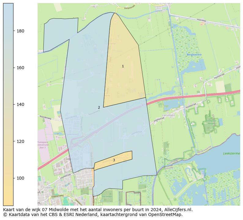 Kaart van de wijk 07 Midwolde met het aantal inwoners per buurt in 2024. Op deze pagina vind je veel informatie over inwoners (zoals de verdeling naar leeftijdsgroepen, gezinssamenstelling, geslacht, autochtoon of Nederlands met een immigratie achtergrond,...), woningen (aantallen, types, prijs ontwikkeling, gebruik, type eigendom,...) en méér (autobezit, energieverbruik,...)  op basis van open data van het centraal bureau voor de statistiek en diverse andere bronnen!