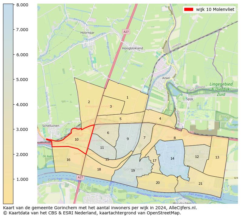 Kaart van de gemeente Gorinchem met het aantal inwoners per wijk in 2024. Op deze pagina vind je veel informatie over inwoners (zoals de verdeling naar leeftijdsgroepen, gezinssamenstelling, geslacht, autochtoon of Nederlands met een immigratie achtergrond,...), woningen (aantallen, types, prijs ontwikkeling, gebruik, type eigendom,...) en méér (autobezit, energieverbruik,...)  op basis van open data van het Centraal Bureau voor de Statistiek en diverse andere bronnen!