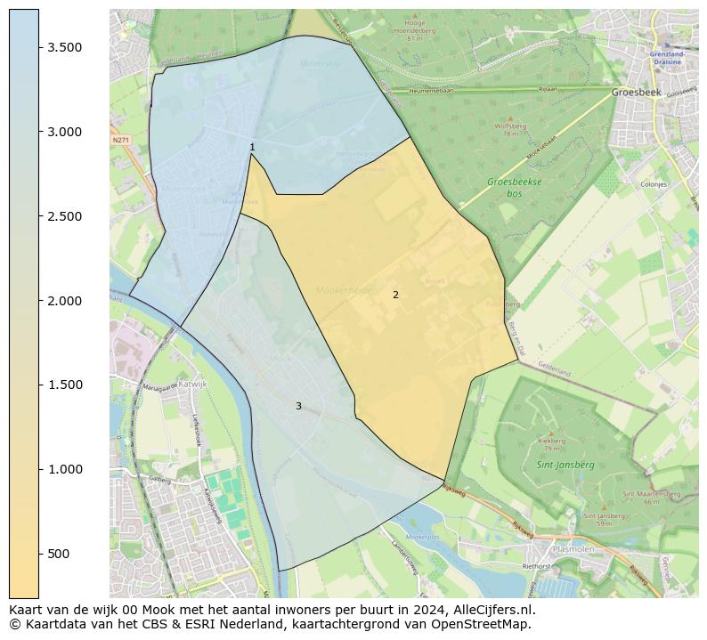 Kaart van de wijk 00 Mook met het aantal inwoners per buurt in 2024. Op deze pagina vind je veel informatie over inwoners (zoals de verdeling naar leeftijdsgroepen, gezinssamenstelling, geslacht, autochtoon of Nederlands met een immigratie achtergrond,...), woningen (aantallen, types, prijs ontwikkeling, gebruik, type eigendom,...) en méér (autobezit, energieverbruik,...)  op basis van open data van het centraal bureau voor de statistiek en diverse andere bronnen!