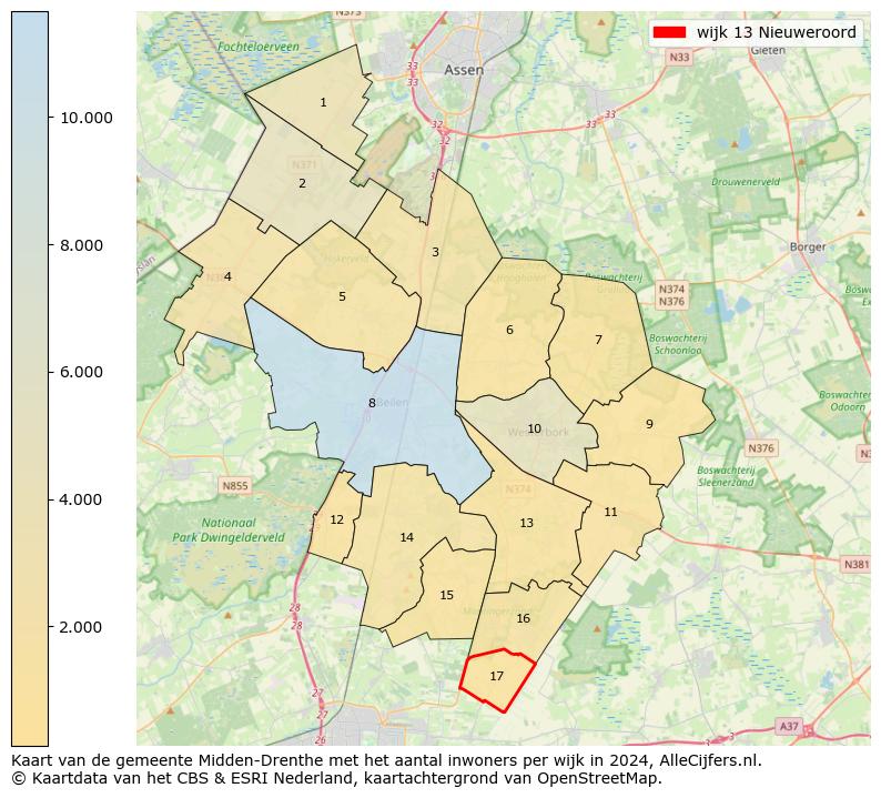 Kaart van de gemeente Midden-Drenthe met het aantal inwoners per wijk in 2024. Op deze pagina vind je veel informatie over inwoners (zoals de verdeling naar leeftijdsgroepen, gezinssamenstelling, geslacht, autochtoon of Nederlands met een immigratie achtergrond,...), woningen (aantallen, types, prijs ontwikkeling, gebruik, type eigendom,...) en méér (autobezit, energieverbruik,...)  op basis van open data van het centraal bureau voor de statistiek en diverse andere bronnen!