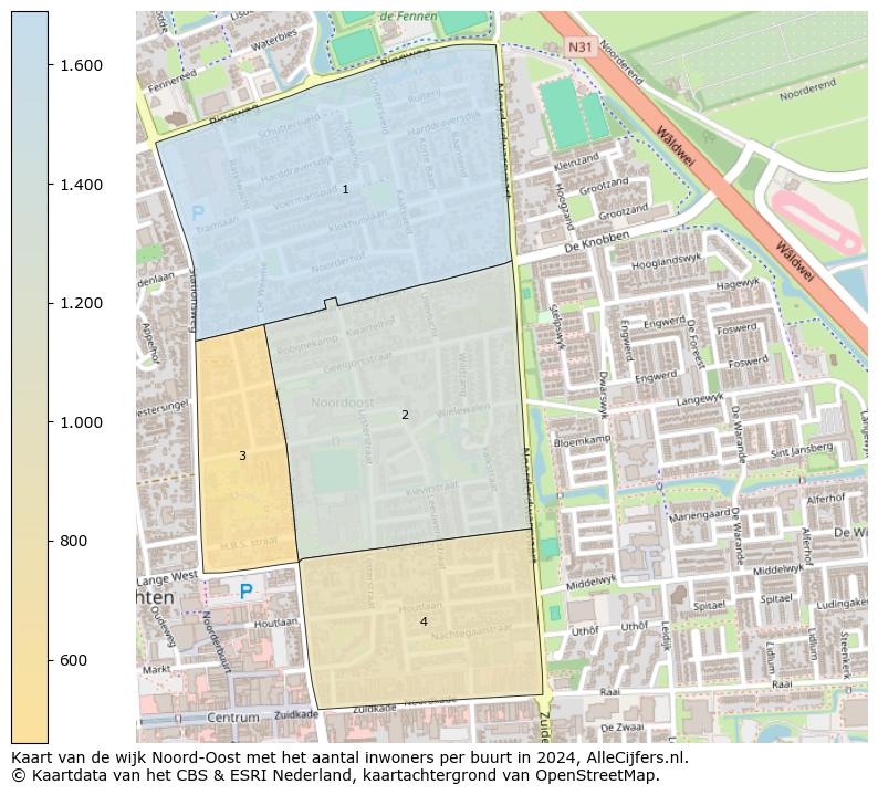 Kaart van de wijk Noord-Oost met het aantal inwoners per buurt in 2024. Op deze pagina vind je veel informatie over inwoners (zoals de verdeling naar leeftijdsgroepen, gezinssamenstelling, geslacht, autochtoon of Nederlands met een immigratie achtergrond,...), woningen (aantallen, types, prijs ontwikkeling, gebruik, type eigendom,...) en méér (autobezit, energieverbruik,...)  op basis van open data van het centraal bureau voor de statistiek en diverse andere bronnen!