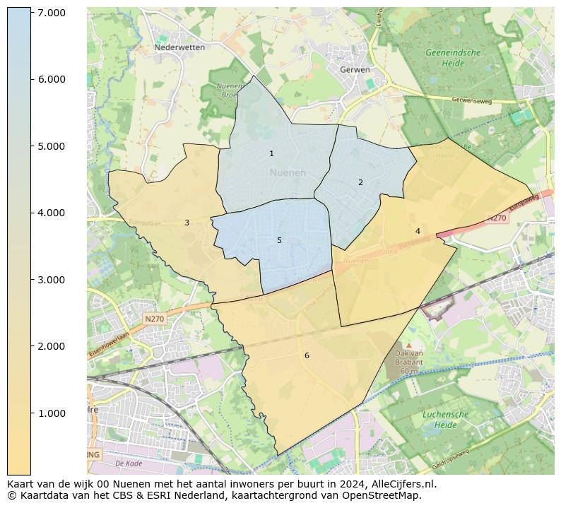 Kaart van de wijk 00 Nuenen met het aantal inwoners per buurt in 2024. Op deze pagina vind je veel informatie over inwoners (zoals de verdeling naar leeftijdsgroepen, gezinssamenstelling, geslacht, autochtoon of Nederlands met een immigratie achtergrond,...), woningen (aantallen, types, prijs ontwikkeling, gebruik, type eigendom,...) en méér (autobezit, energieverbruik,...)  op basis van open data van het Centraal Bureau voor de Statistiek en diverse andere bronnen!