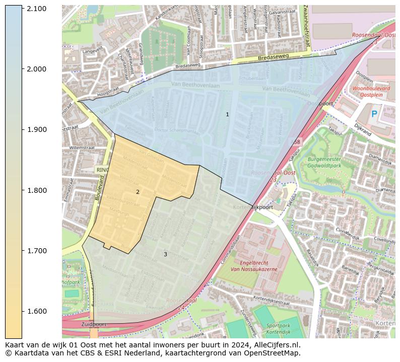 Kaart van de wijk 01 Oost met het aantal inwoners per buurt in 2024. Op deze pagina vind je veel informatie over inwoners (zoals de verdeling naar leeftijdsgroepen, gezinssamenstelling, geslacht, autochtoon of Nederlands met een immigratie achtergrond,...), woningen (aantallen, types, prijs ontwikkeling, gebruik, type eigendom,...) en méér (autobezit, energieverbruik,...)  op basis van open data van het centraal bureau voor de statistiek en diverse andere bronnen!