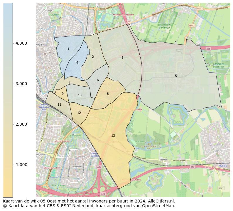 Kaart van de wijk 05 Oost met het aantal inwoners per buurt in 2024. Op deze pagina vind je veel informatie over inwoners (zoals de verdeling naar leeftijdsgroepen, gezinssamenstelling, geslacht, autochtoon of Nederlands met een immigratie achtergrond,...), woningen (aantallen, types, prijs ontwikkeling, gebruik, type eigendom,...) en méér (autobezit, energieverbruik,...)  op basis van open data van het centraal bureau voor de statistiek en diverse andere bronnen!