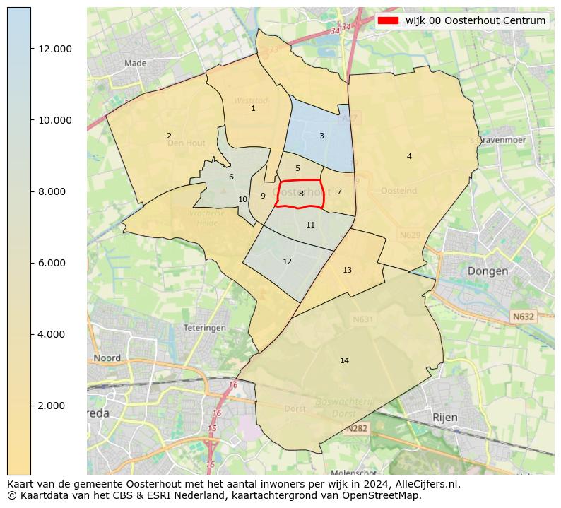 Kaart van de gemeente Oosterhout met het aantal inwoners per wijk in 2024. Op deze pagina vind je veel informatie over inwoners (zoals de verdeling naar leeftijdsgroepen, gezinssamenstelling, geslacht, autochtoon of Nederlands met een immigratie achtergrond,...), woningen (aantallen, types, prijs ontwikkeling, gebruik, type eigendom,...) en méér (autobezit, energieverbruik,...)  op basis van open data van het centraal bureau voor de statistiek en diverse andere bronnen!