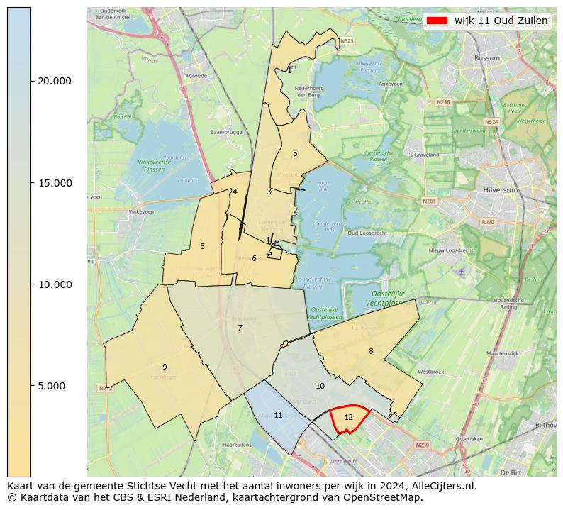 Kaart van de gemeente Stichtse Vecht met het aantal inwoners per wijk in 2024. Op deze pagina vind je veel informatie over inwoners (zoals de verdeling naar leeftijdsgroepen, gezinssamenstelling, geslacht, autochtoon of Nederlands met een immigratie achtergrond,...), woningen (aantallen, types, prijs ontwikkeling, gebruik, type eigendom,...) en méér (autobezit, energieverbruik,...)  op basis van open data van het centraal bureau voor de statistiek en diverse andere bronnen!