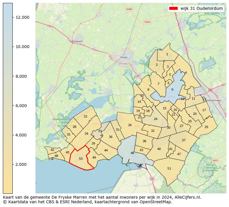 Kaart van de gemeente De Fryske Marren met het aantal inwoners per wijk in 2024. Op deze pagina vind je veel informatie over inwoners (zoals de verdeling naar leeftijdsgroepen, gezinssamenstelling, geslacht, autochtoon of Nederlands met een immigratie achtergrond,...), woningen (aantallen, types, prijs ontwikkeling, gebruik, type eigendom,...) en méér (autobezit, energieverbruik,...)  op basis van open data van het centraal bureau voor de statistiek en diverse andere bronnen!