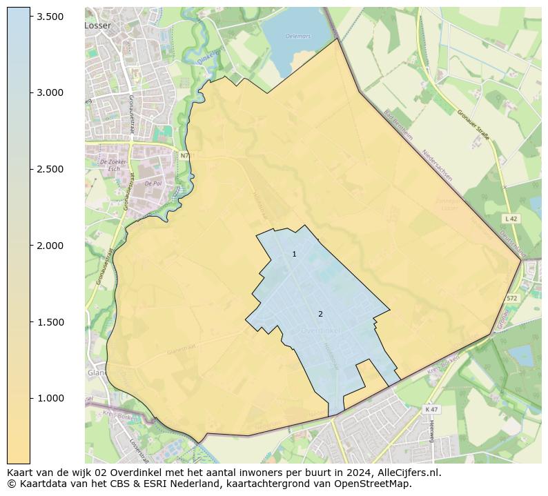 Kaart van de wijk 02 Overdinkel met het aantal inwoners per buurt in 2024. Op deze pagina vind je veel informatie over inwoners (zoals de verdeling naar leeftijdsgroepen, gezinssamenstelling, geslacht, autochtoon of Nederlands met een immigratie achtergrond,...), woningen (aantallen, types, prijs ontwikkeling, gebruik, type eigendom,...) en méér (autobezit, energieverbruik,...)  op basis van open data van het centraal bureau voor de statistiek en diverse andere bronnen!