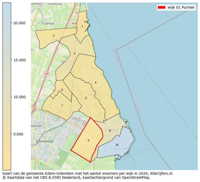 Kaart van de gemeente Edam-Volendam met het aantal inwoners per wijk in 2024. Op deze pagina vind je veel informatie over inwoners (zoals de verdeling naar leeftijdsgroepen, gezinssamenstelling, geslacht, autochtoon of Nederlands met een immigratie achtergrond,...), woningen (aantallen, types, prijs ontwikkeling, gebruik, type eigendom,...) en méér (autobezit, energieverbruik,...)  op basis van open data van het centraal bureau voor de statistiek en diverse andere bronnen!