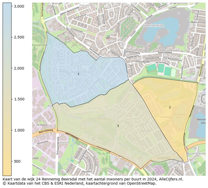 Kaart van de wijk 24 Rennemig Beersdal met het aantal inwoners per buurt in 2024. Op deze pagina vind je veel informatie over inwoners (zoals de verdeling naar leeftijdsgroepen, gezinssamenstelling, geslacht, autochtoon of Nederlands met een immigratie achtergrond,...), woningen (aantallen, types, prijs ontwikkeling, gebruik, type eigendom,...) en méér (autobezit, energieverbruik,...)  op basis van open data van het centraal bureau voor de statistiek en diverse andere bronnen!