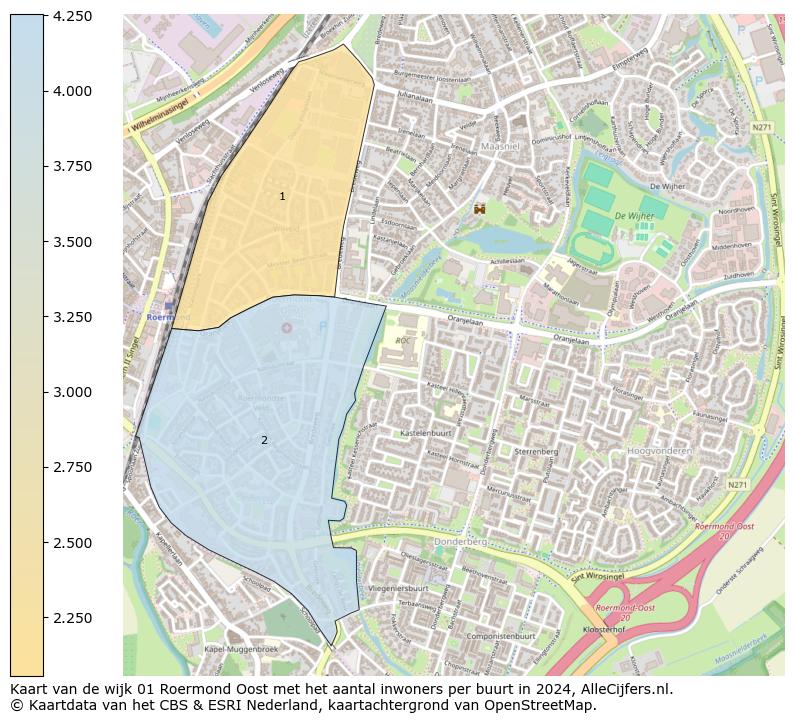 Kaart van de wijk 01 Roermond Oost met het aantal inwoners per buurt in 2024. Op deze pagina vind je veel informatie over inwoners (zoals de verdeling naar leeftijdsgroepen, gezinssamenstelling, geslacht, autochtoon of Nederlands met een immigratie achtergrond,...), woningen (aantallen, types, prijs ontwikkeling, gebruik, type eigendom,...) en méér (autobezit, energieverbruik,...)  op basis van open data van het centraal bureau voor de statistiek en diverse andere bronnen!