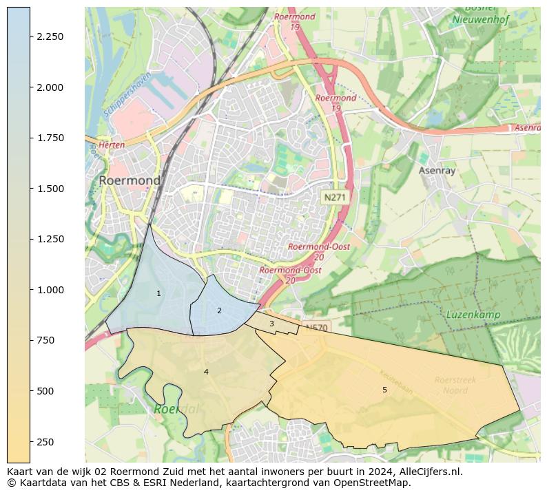 Kaart van de wijk 02 Roermond Zuid met het aantal inwoners per buurt in 2024. Op deze pagina vind je veel informatie over inwoners (zoals de verdeling naar leeftijdsgroepen, gezinssamenstelling, geslacht, autochtoon of Nederlands met een immigratie achtergrond,...), woningen (aantallen, types, prijs ontwikkeling, gebruik, type eigendom,...) en méér (autobezit, energieverbruik,...)  op basis van open data van het centraal bureau voor de statistiek en diverse andere bronnen!