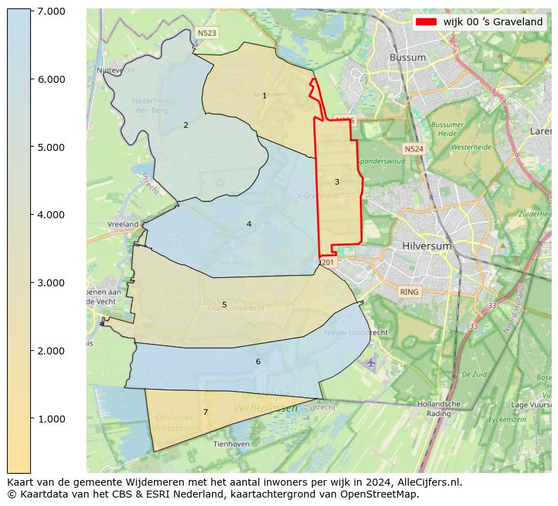 Kaart van de gemeente Wijdemeren met het aantal inwoners per wijk in 2024. Op deze pagina vind je veel informatie over inwoners (zoals de verdeling naar leeftijdsgroepen, gezinssamenstelling, geslacht, autochtoon of Nederlands met een immigratie achtergrond,...), woningen (aantallen, types, prijs ontwikkeling, gebruik, type eigendom,...) en méér (autobezit, energieverbruik,...)  op basis van open data van het centraal bureau voor de statistiek en diverse andere bronnen!