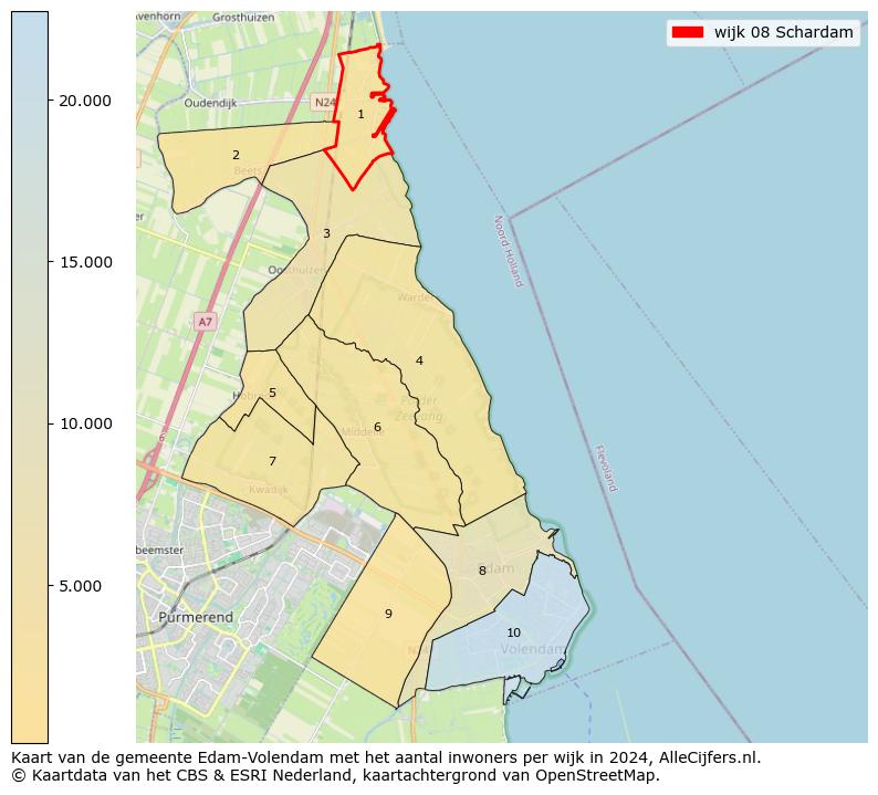 Kaart van de gemeente Edam-Volendam met het aantal inwoners per wijk in 2024. Op deze pagina vind je veel informatie over inwoners (zoals de verdeling naar leeftijdsgroepen, gezinssamenstelling, geslacht, autochtoon of Nederlands met een immigratie achtergrond,...), woningen (aantallen, types, prijs ontwikkeling, gebruik, type eigendom,...) en méér (autobezit, energieverbruik,...)  op basis van open data van het centraal bureau voor de statistiek en diverse andere bronnen!