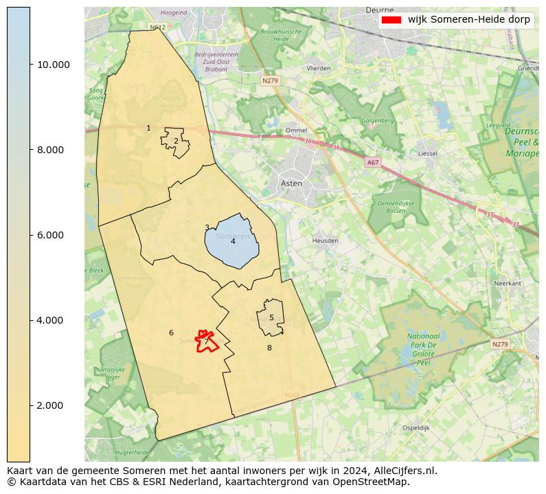 Kaart van de gemeente Someren met het aantal inwoners per wijk in 2024. Op deze pagina vind je veel informatie over inwoners (zoals de verdeling naar leeftijdsgroepen, gezinssamenstelling, geslacht, autochtoon of Nederlands met een immigratie achtergrond,...), woningen (aantallen, types, prijs ontwikkeling, gebruik, type eigendom,...) en méér (autobezit, energieverbruik,...)  op basis van open data van het centraal bureau voor de statistiek en diverse andere bronnen!