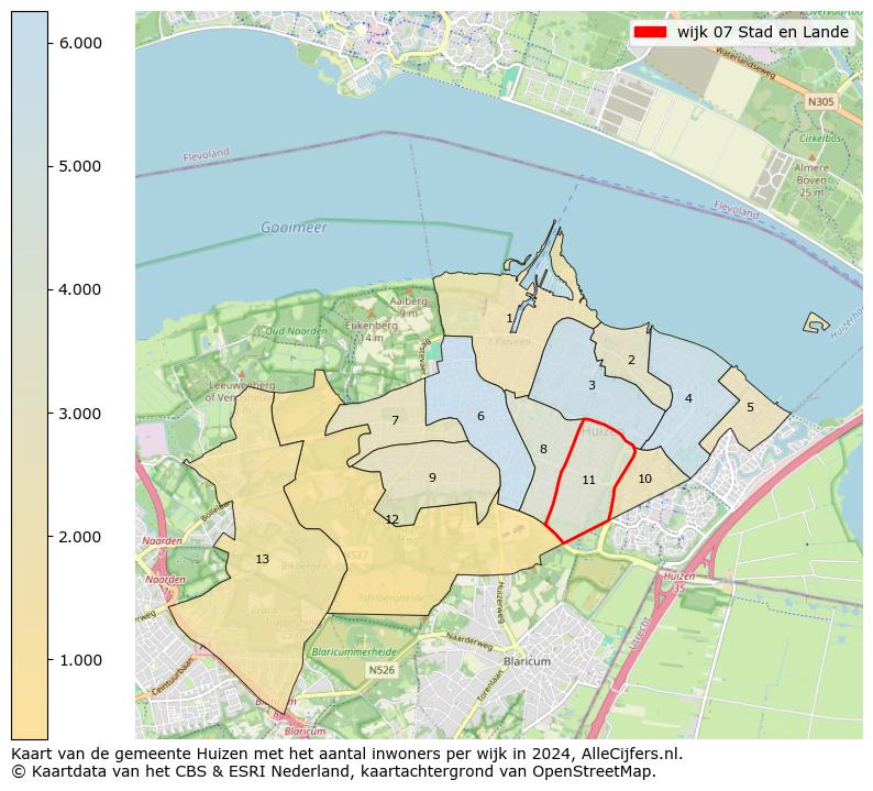 Kaart van de gemeente Huizen met het aantal inwoners per wijk in 2024. Op deze pagina vind je veel informatie over inwoners (zoals de verdeling naar leeftijdsgroepen, gezinssamenstelling, geslacht, autochtoon of Nederlands met een immigratie achtergrond,...), woningen (aantallen, types, prijs ontwikkeling, gebruik, type eigendom,...) en méér (autobezit, energieverbruik,...)  op basis van open data van het centraal bureau voor de statistiek en diverse andere bronnen!