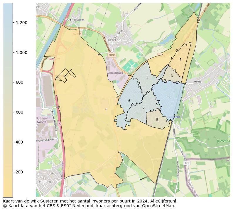 Kaart van de wijk Susteren met het aantal inwoners per buurt in 2024. Op deze pagina vind je veel informatie over inwoners (zoals de verdeling naar leeftijdsgroepen, gezinssamenstelling, geslacht, autochtoon of Nederlands met een immigratie achtergrond,...), woningen (aantallen, types, prijs ontwikkeling, gebruik, type eigendom,...) en méér (autobezit, energieverbruik,...)  op basis van open data van het centraal bureau voor de statistiek en diverse andere bronnen!