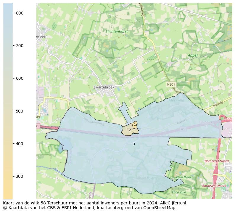 Kaart van de wijk 58 Terschuur met het aantal inwoners per buurt in 2024. Op deze pagina vind je veel informatie over inwoners (zoals de verdeling naar leeftijdsgroepen, gezinssamenstelling, geslacht, autochtoon of Nederlands met een immigratie achtergrond,...), woningen (aantallen, types, prijs ontwikkeling, gebruik, type eigendom,...) en méér (autobezit, energieverbruik,...)  op basis van open data van het centraal bureau voor de statistiek en diverse andere bronnen!