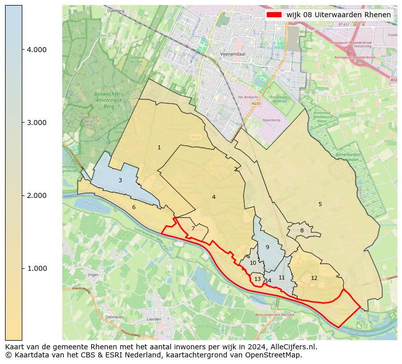 Kaart van de gemeente Rhenen met het aantal inwoners per wijk in 2024. Op deze pagina vind je veel informatie over inwoners (zoals de verdeling naar leeftijdsgroepen, gezinssamenstelling, geslacht, autochtoon of Nederlands met een immigratie achtergrond,...), woningen (aantallen, types, prijs ontwikkeling, gebruik, type eigendom,...) en méér (autobezit, energieverbruik,...)  op basis van open data van het centraal bureau voor de statistiek en diverse andere bronnen!