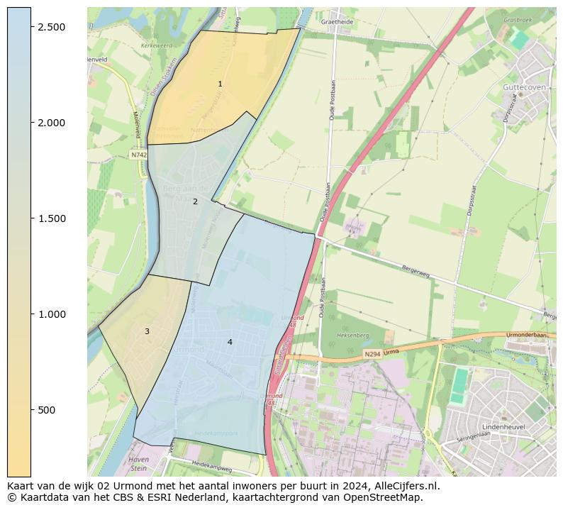 Kaart van de wijk 02 Urmond met het aantal inwoners per buurt in 2024. Op deze pagina vind je veel informatie over inwoners (zoals de verdeling naar leeftijdsgroepen, gezinssamenstelling, geslacht, autochtoon of Nederlands met een immigratie achtergrond,...), woningen (aantallen, types, prijs ontwikkeling, gebruik, type eigendom,...) en méér (autobezit, energieverbruik,...)  op basis van open data van het centraal bureau voor de statistiek en diverse andere bronnen!