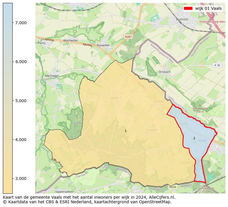 Kaart van de gemeente Vaals met het aantal inwoners per wijk in 2024. Op deze pagina vind je veel informatie over inwoners (zoals de verdeling naar leeftijdsgroepen, gezinssamenstelling, geslacht, autochtoon of Nederlands met een immigratie achtergrond,...), woningen (aantallen, types, prijs ontwikkeling, gebruik, type eigendom,...) en méér (autobezit, energieverbruik,...)  op basis van open data van het centraal bureau voor de statistiek en diverse andere bronnen!
